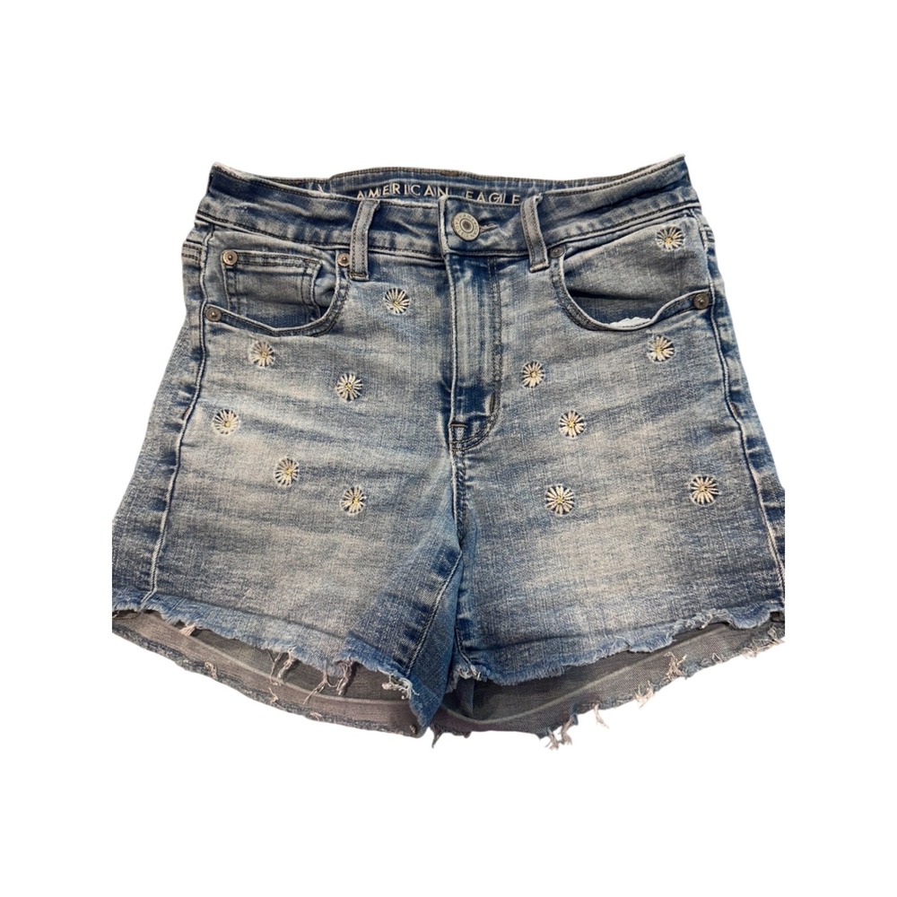 American Eagle Daisy Embroidered‎ Super Stretch Denim Shorts Light Wash Size 2